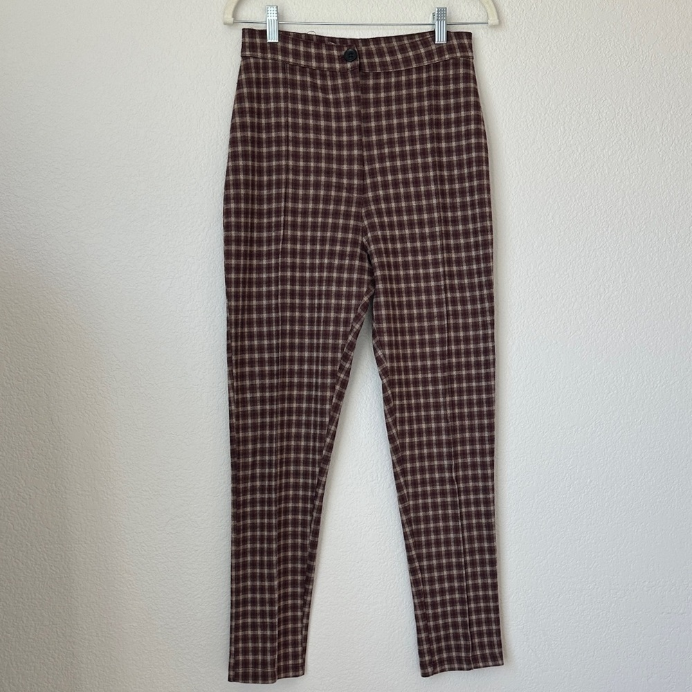 Free People Brown Plaid High Rise Tailored Trousers Size 10 Slim Ankle Pants